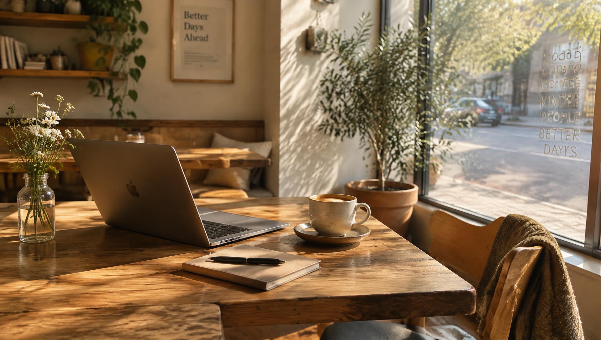 A laptop on a wooden café table in morning light